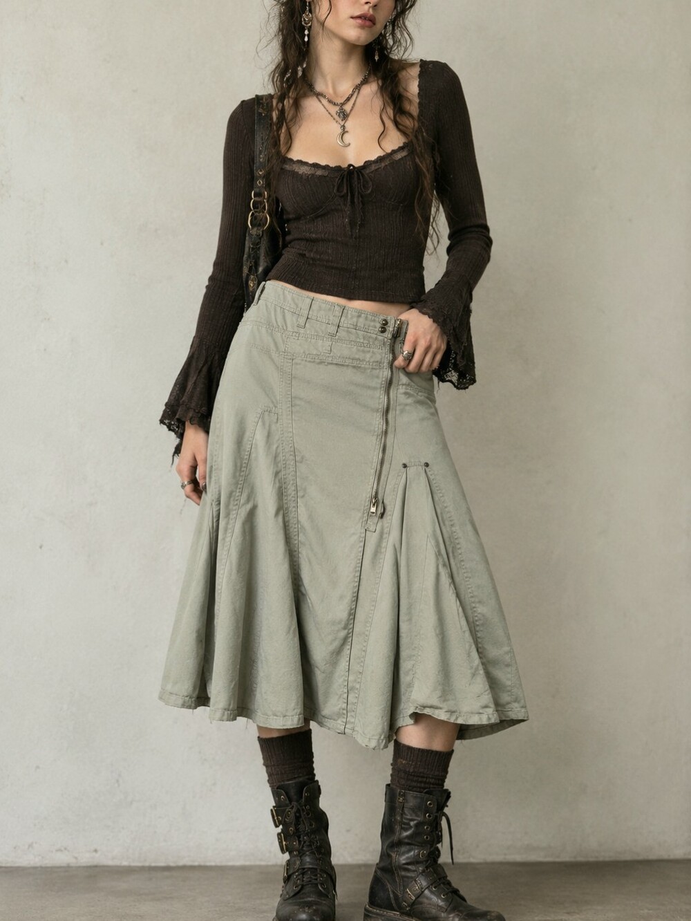 Whimsigoth Y2k Utility Cargo Midi Asymmetrical Flare Gorpcore Fairy Grunge Skirt